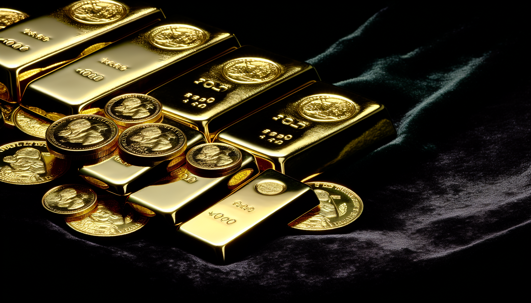 Gold bars and coins on a dark background
