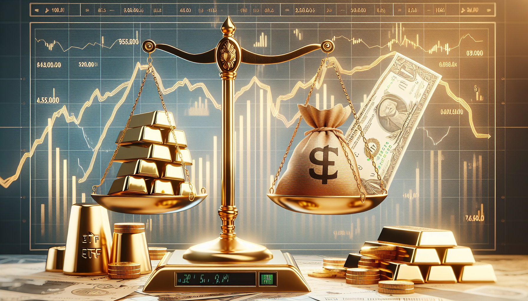 An illustration comparing different investment options including gold stocks and ETFs