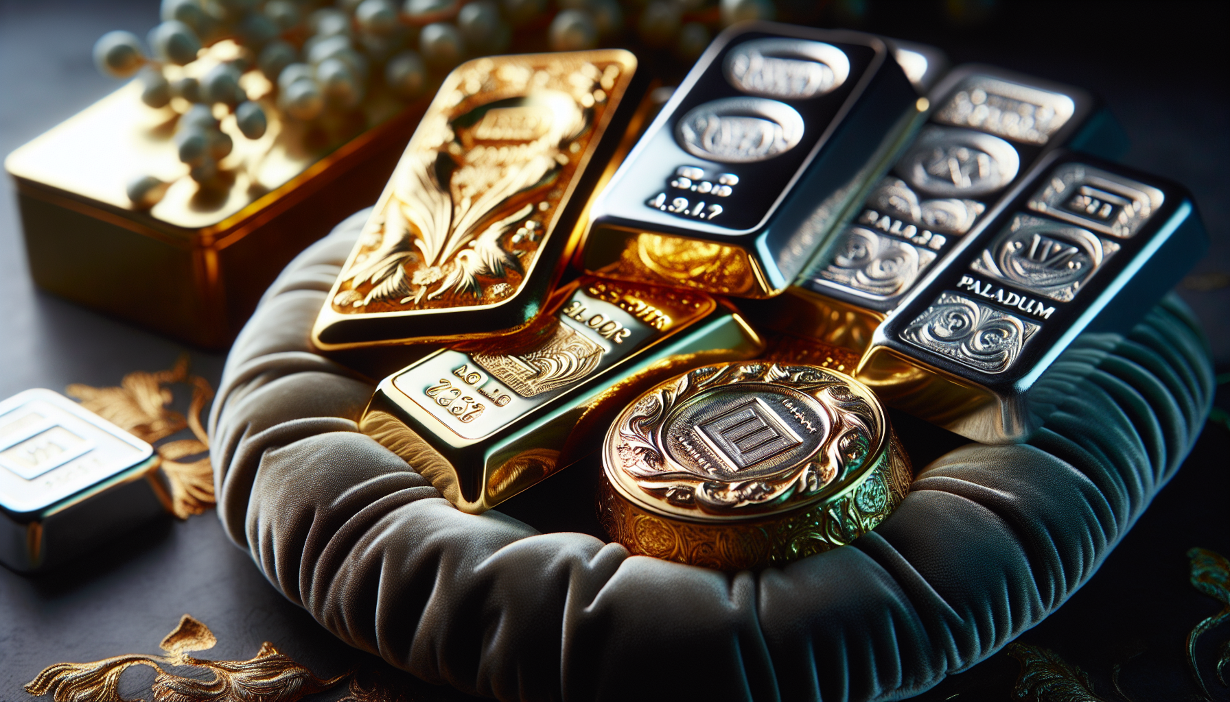 Diverse precious metals including gold, silver, platinum, and palladium